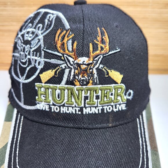Hunter Hat Cap Live to Hunt Hook & Loop Adjustable Deer Buck Black & Cammo - Picture 2 of 12